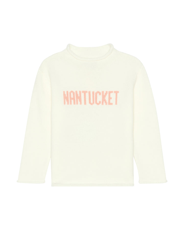 An ivory off-white long-sleeve kids turtleneck sweater top with the word &