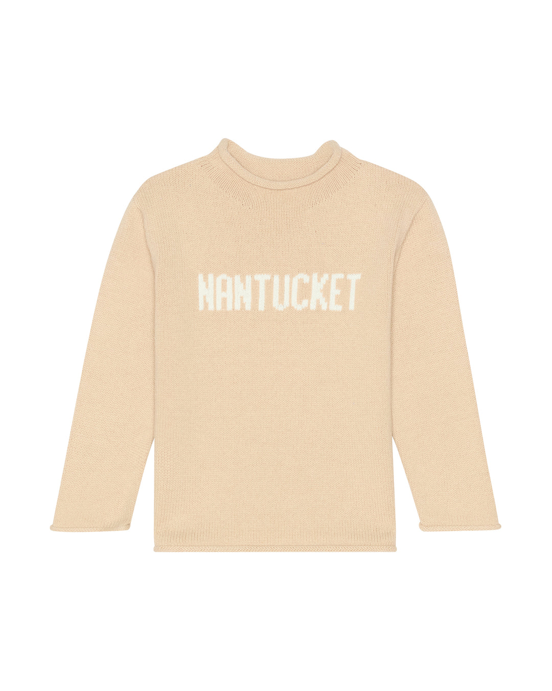 A beige long-sleeve mock neck kids sweater top with the word &