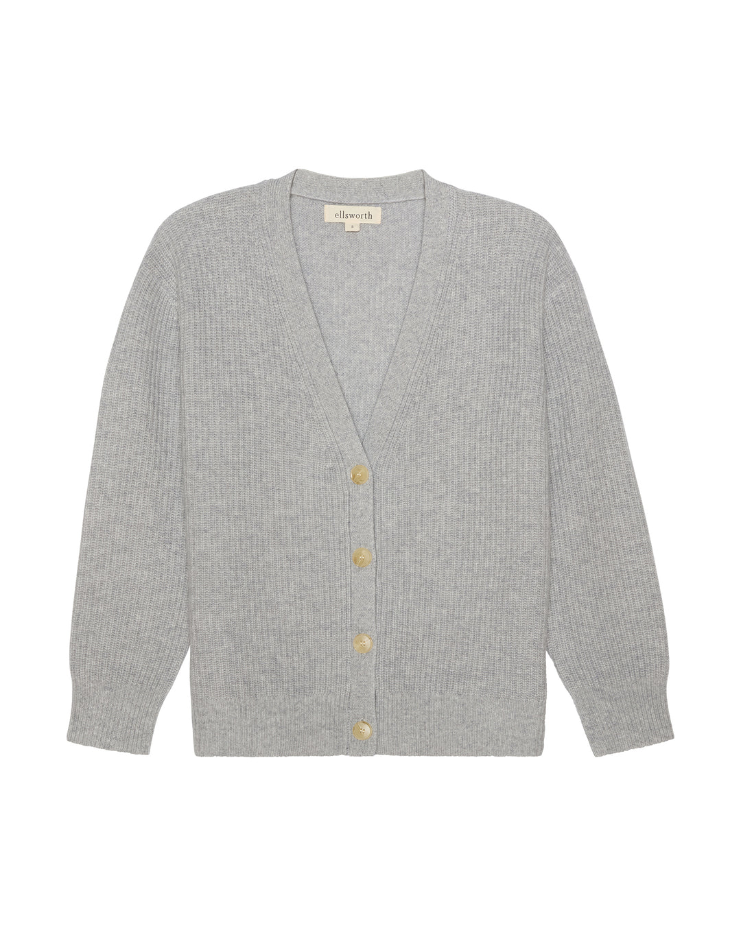 A light gray ribbed knit women's cashmere cardigan sweater with a V-neck and three gold buttons, shown flat against a white background. Lilah V-Neck Knit Cardigan in Heather Grey by Ellsworth + Ivey.