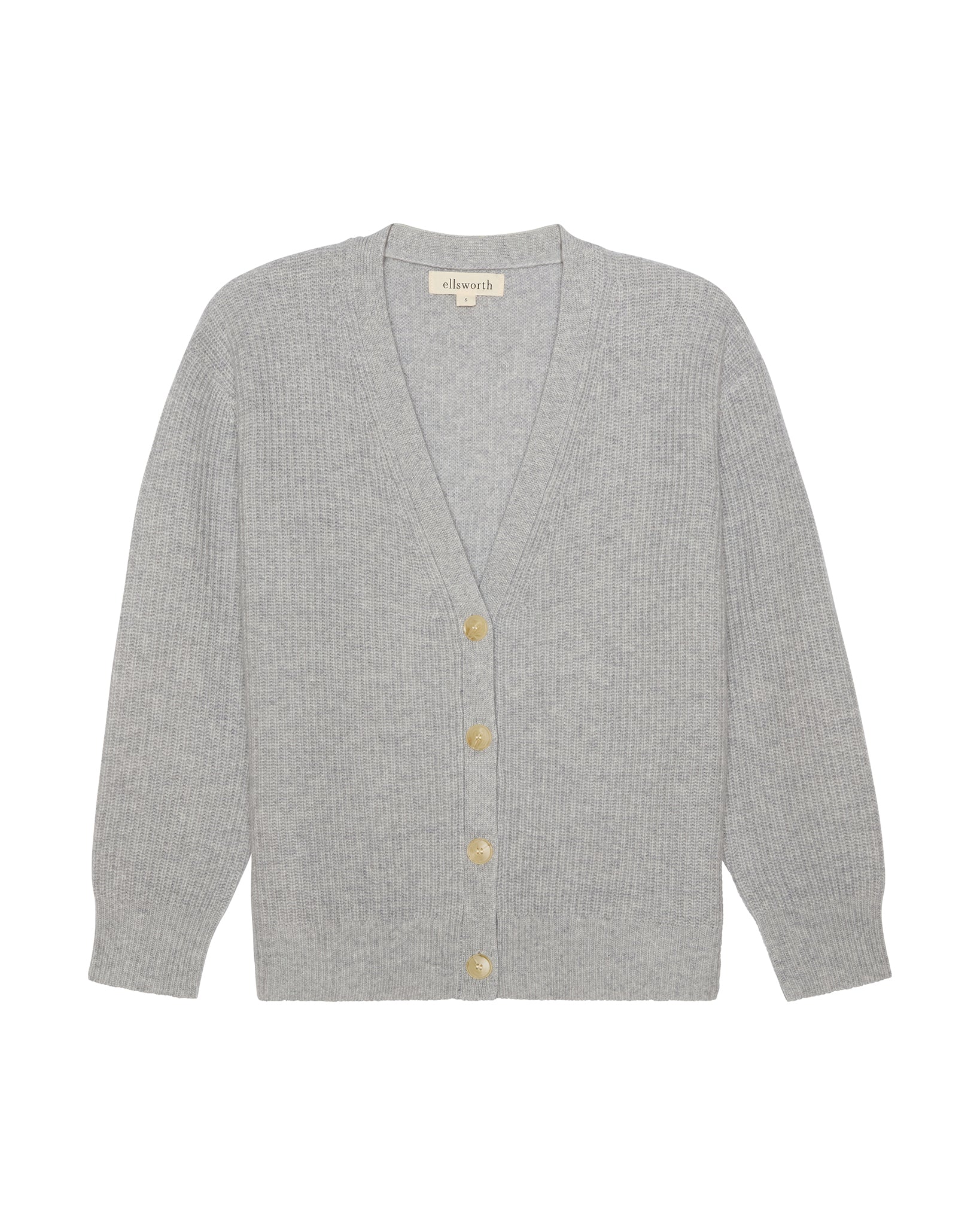 A light gray ribbed knit women's cashmere cardigan sweater with a V-neck and three gold buttons, shown flat against a white background. Lilah V-Neck Knit Cardigan in Heather Grey by Ellsworth + Ivey.