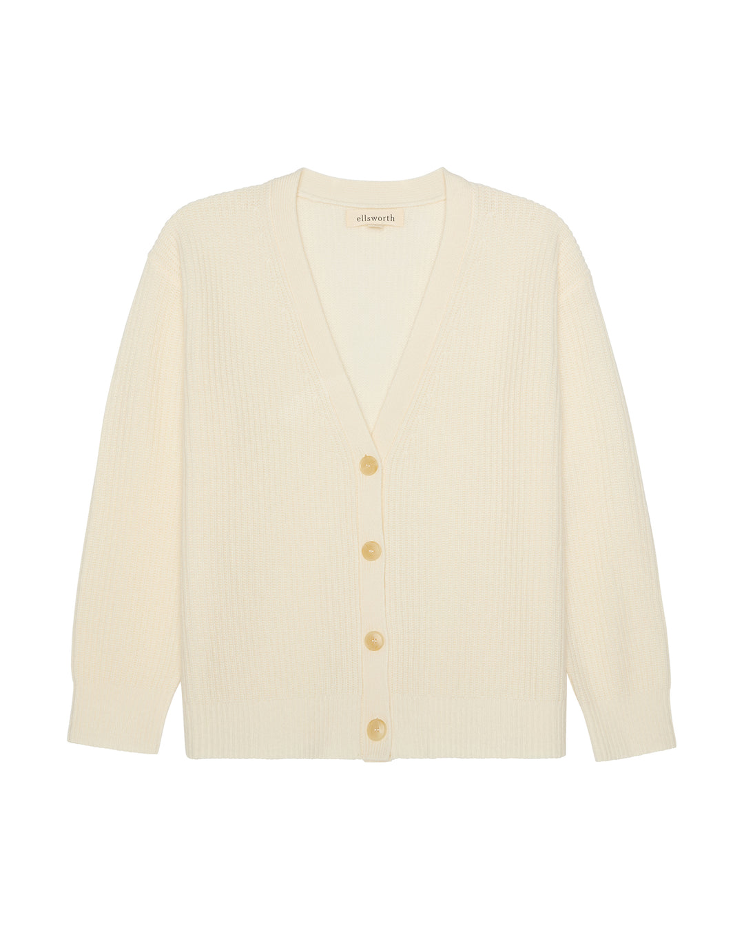 An ivory off-white ribbed knit cashmere cardigan women's sweater with a V-neck and four light brown buttons, shown flat against a white background. Lilah V-Neck Knit Cardigan in Ivory by Ellsworth + Ivey.