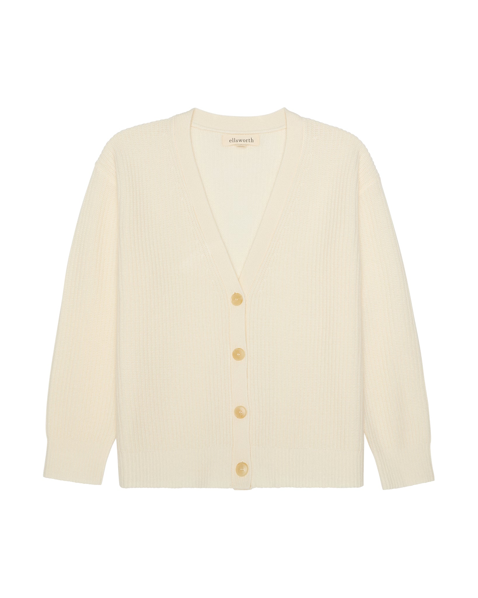 An ivory off-white ribbed knit cashmere cardigan women's sweater with a V-neck and four light brown buttons, shown flat against a white background. Lilah V-Neck Knit Cardigan in Ivory by Ellsworth + Ivey.