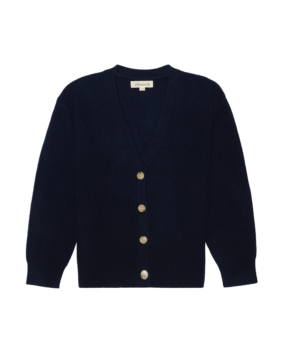 A navy blue ribbed knit women's cashmere cardigan sweater with a V-neck and four gold buttons, shown flat against a white background. Lilah V-Neck Knit Cardigan in Navy by Ellsworth + Ivey.