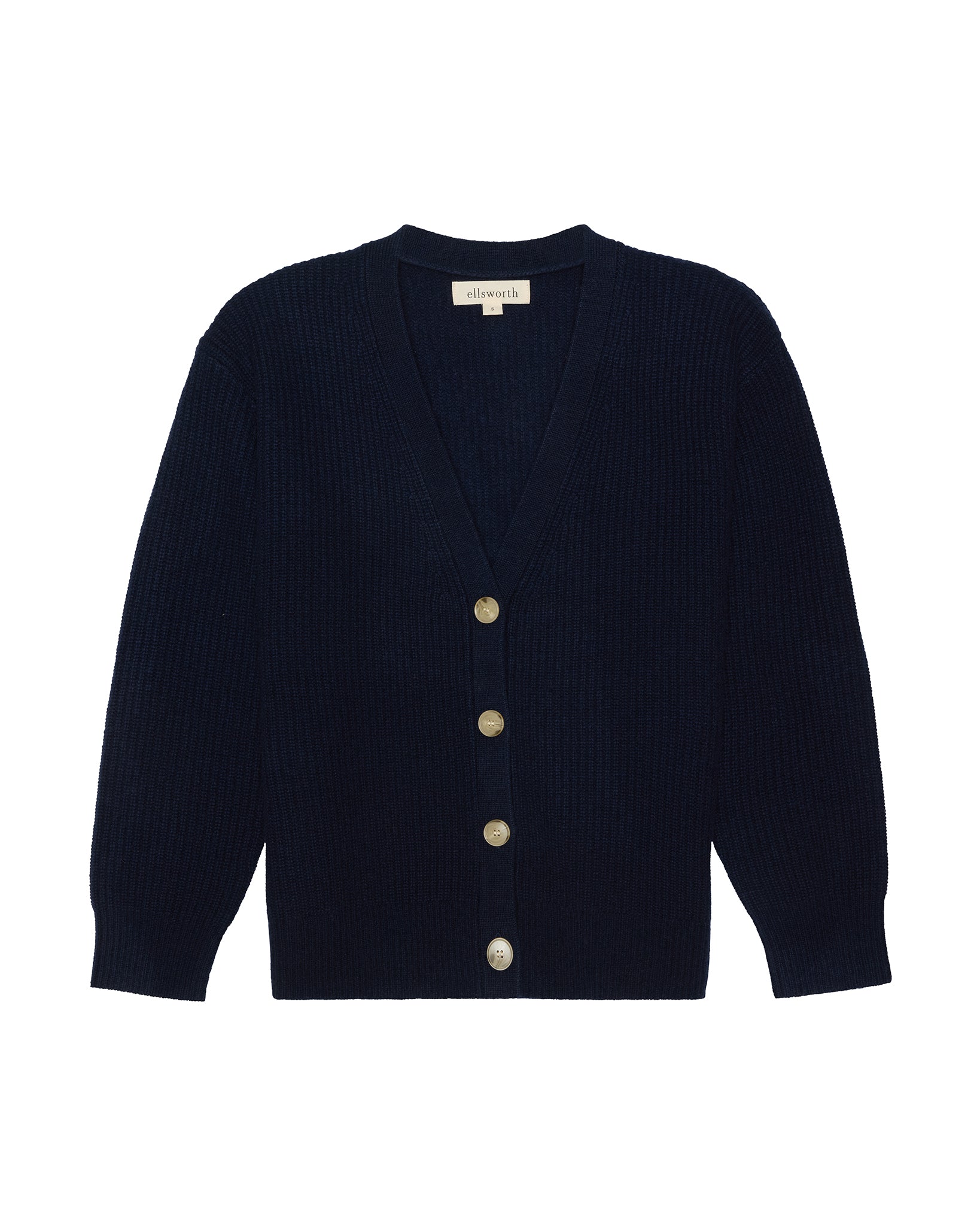 A navy blue ribbed knit women's cashmere cardigan sweater with a V-neck and four gold buttons, shown flat against a white background. Lilah V-Neck Knit Cardigan in Navy by Ellsworth + Ivey.