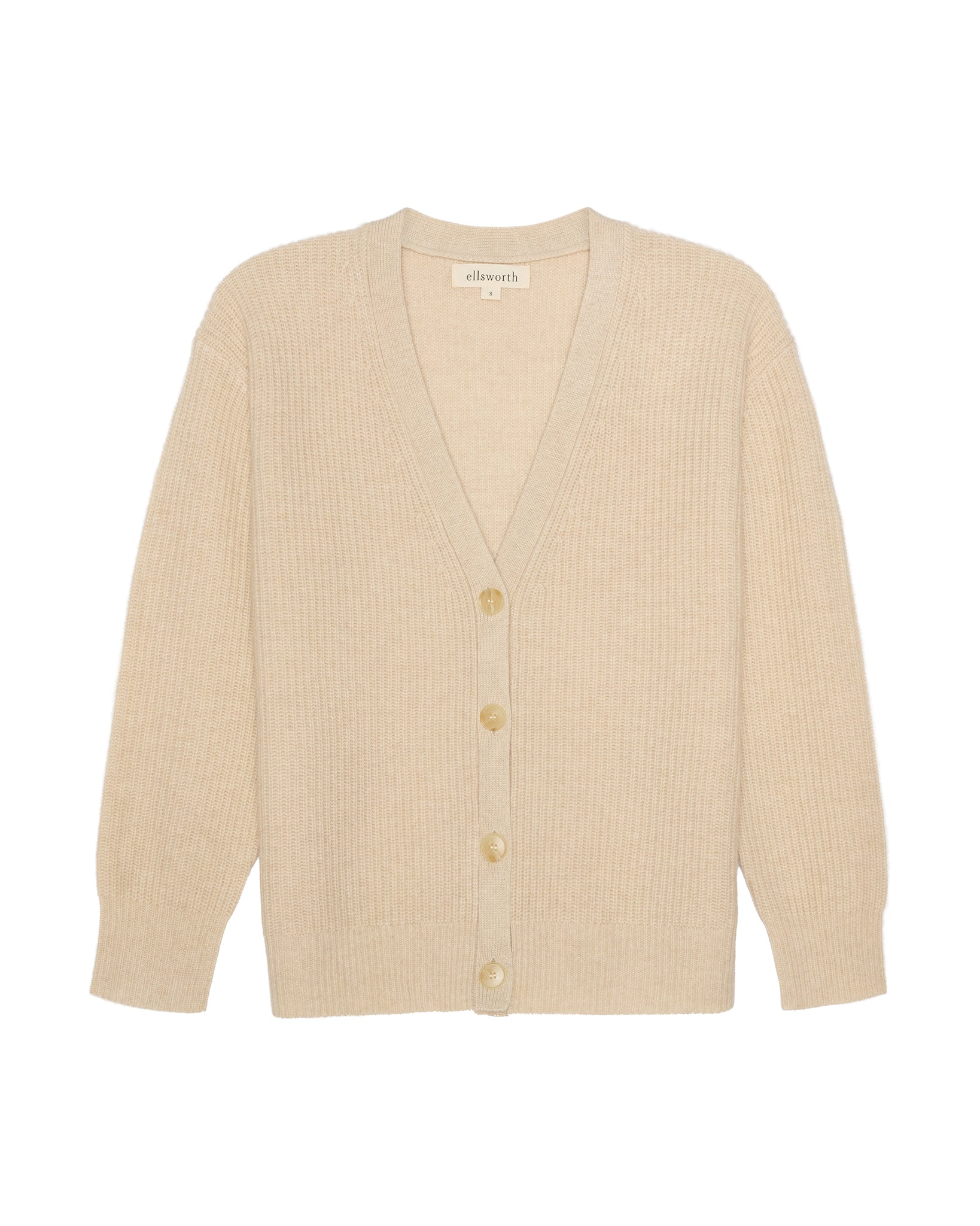 A light beige ribbed knit cardigan women's sweater with a V-neck and four gold buttons, shown flat against a white background. Lilah V-Neck Knit Cardigan in Oatmeal by Ellsworth + Ivey.