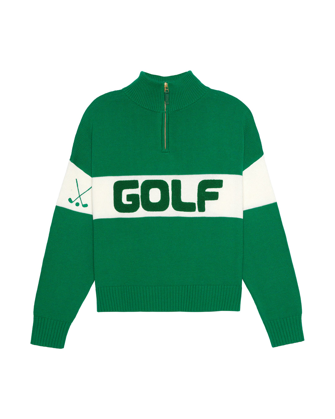 A green and white colorblock quarter-zip mock neck women's sweater with 'GOLF' printed across the chest and a golf club graphic on the sleeve, shown on a plain white background. Madison Quarter Zip - Golf Colorblock by Ellsworth + Ivey.