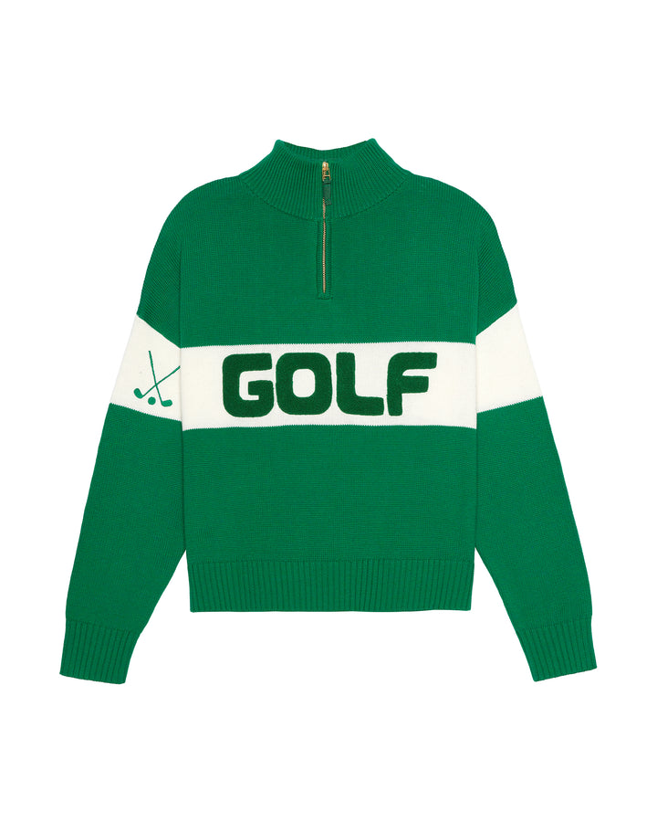 A green and white colorblock quarter-zip mock neck women&