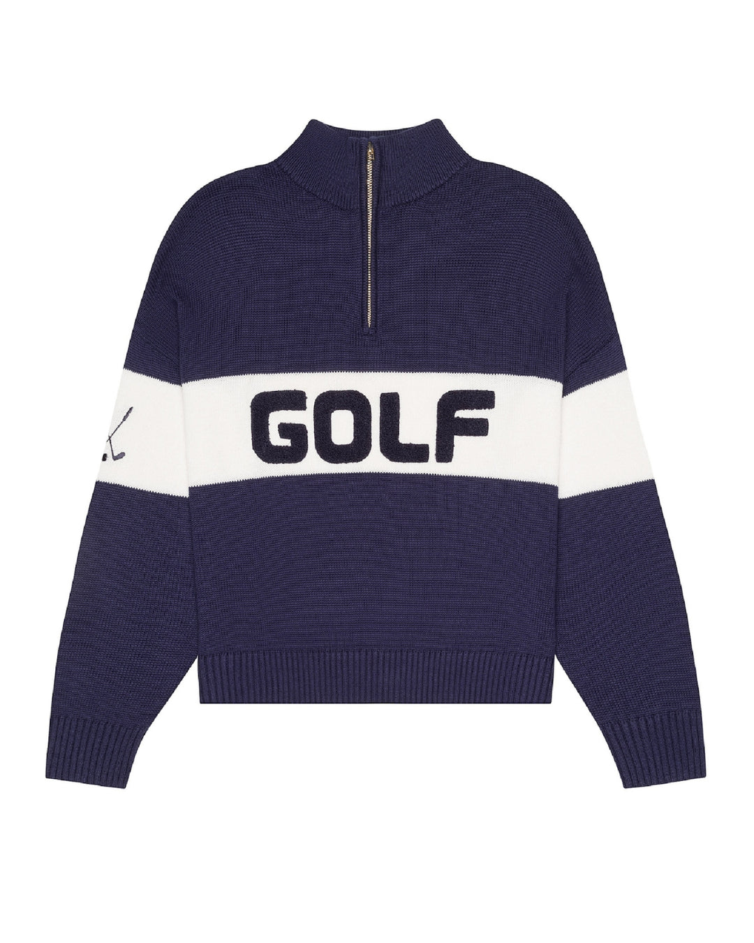 A navy blue and white color-blocked knit mock neck women's sweater with a half-zip collar and the word 'GOLF' across the chest. Madison Quarter Zip - Golf Colorblock by Ellsworth + Ivey.