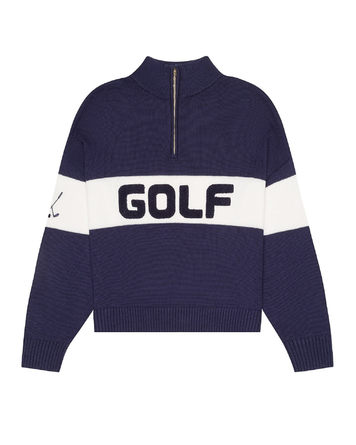 A navy blue and white color-blocked knit mock neck women&