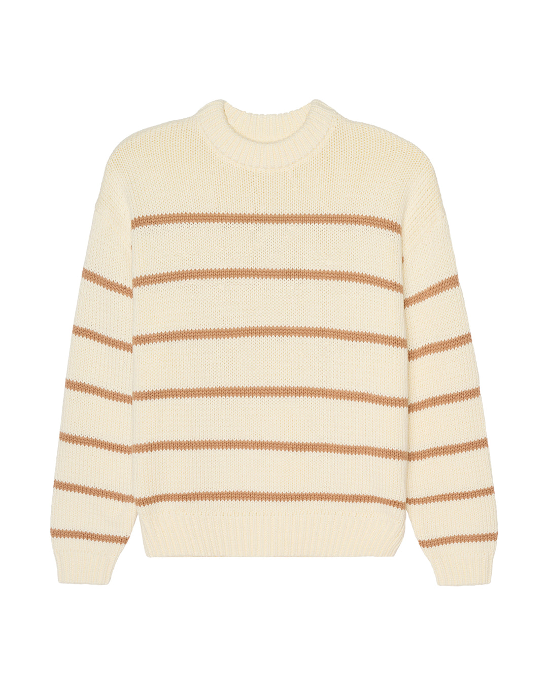 A cream-colored knit women's sweater with horizontal tan stripes, displayed on a clean white background.