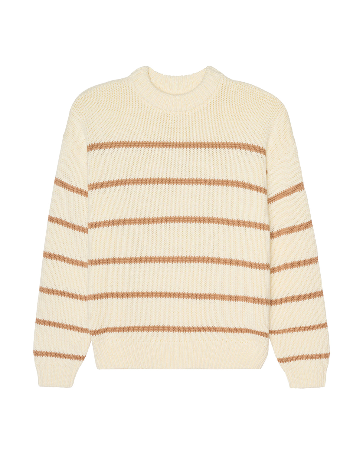 A cream-colored knit women's sweater with horizontal tan stripes, displayed on a clean white background.