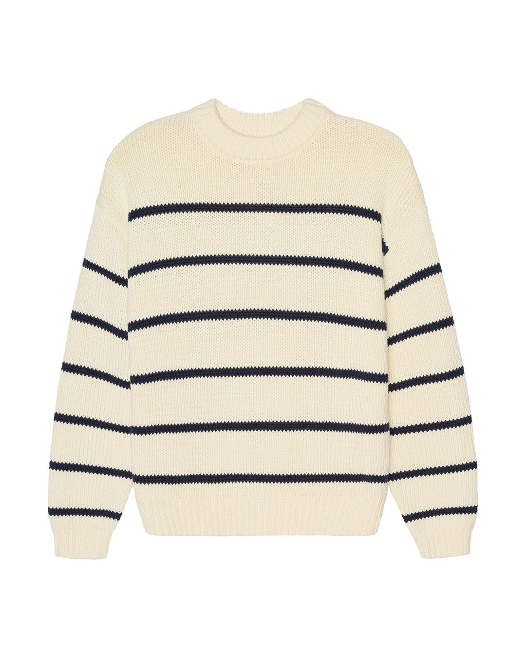 An off-white knit crewneck sweater with horizontal navy blue stripes, displayed on a clean white background.