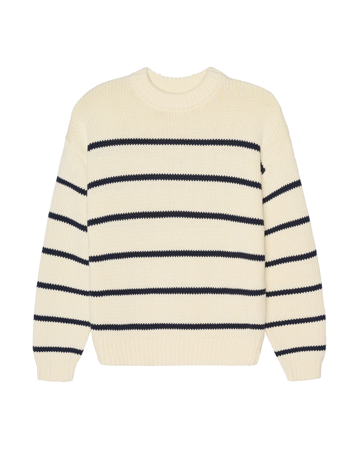 An off-white knit crewneck sweater with horizontal navy blue stripes, displayed on a clean white background.