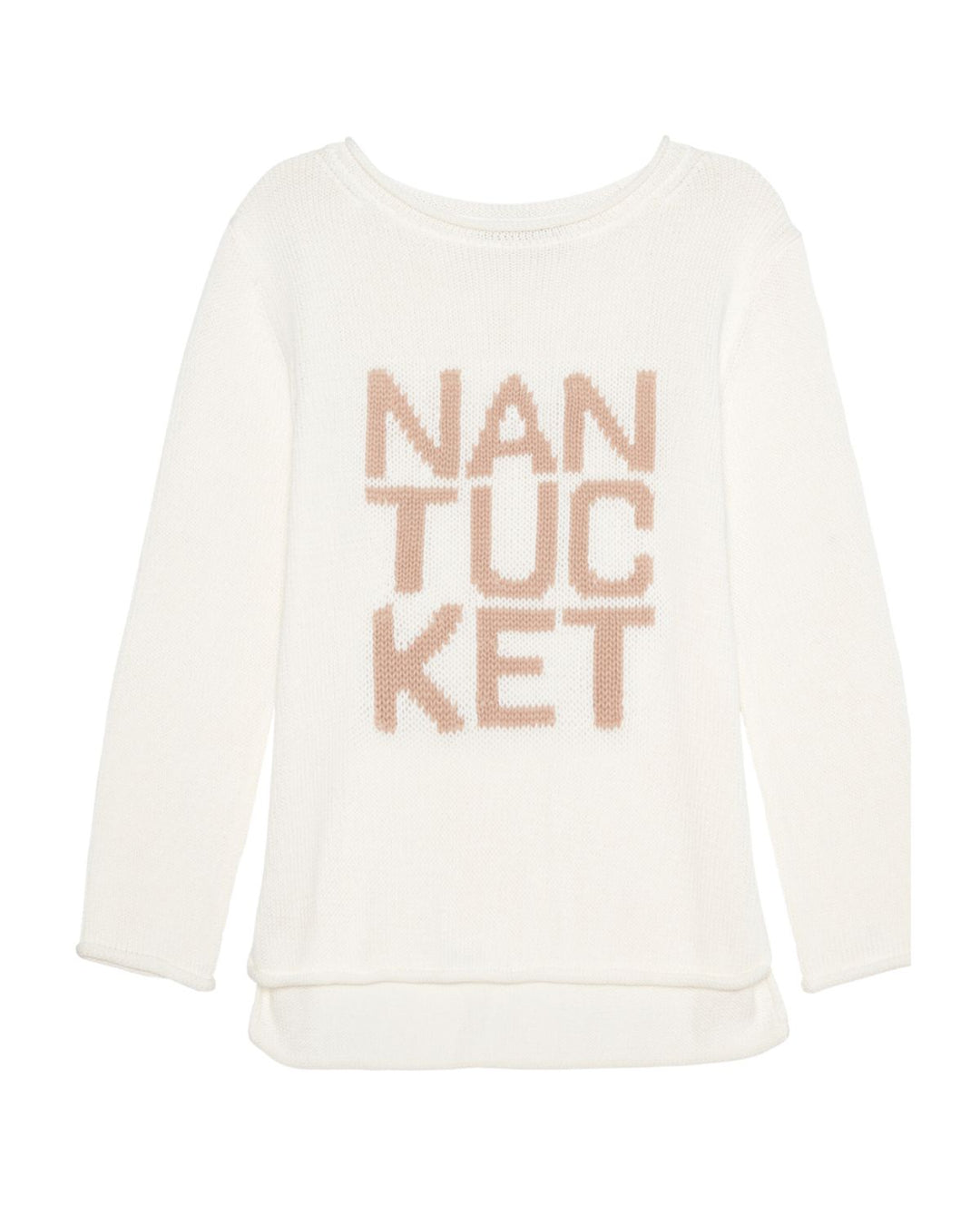 A white knit women's sweater with the text 'NANTUCKET' written across the chest in a bold font. Nantucket Stacked Knit Sweater by Ellsworth + Ivey.