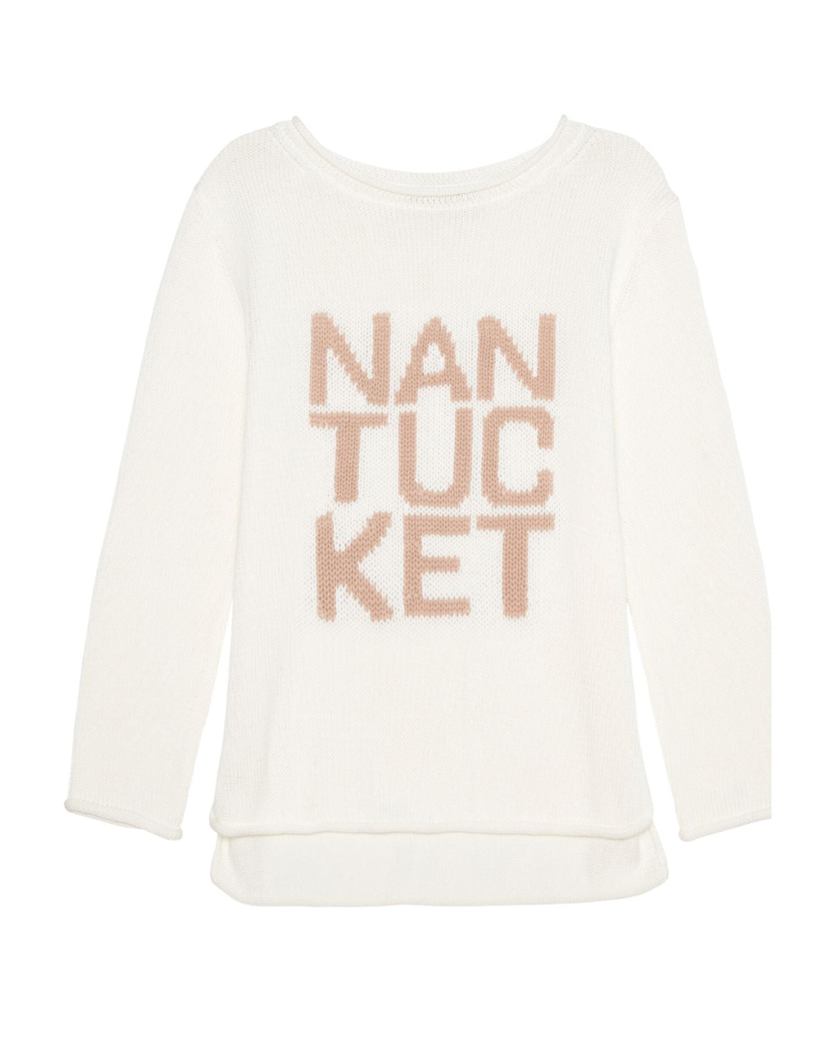 A white knit women's sweater with the text 'NANTUCKET' written across the chest in a bold font. Nantucket Stacked Knit Sweater by Ellsworth + Ivey.