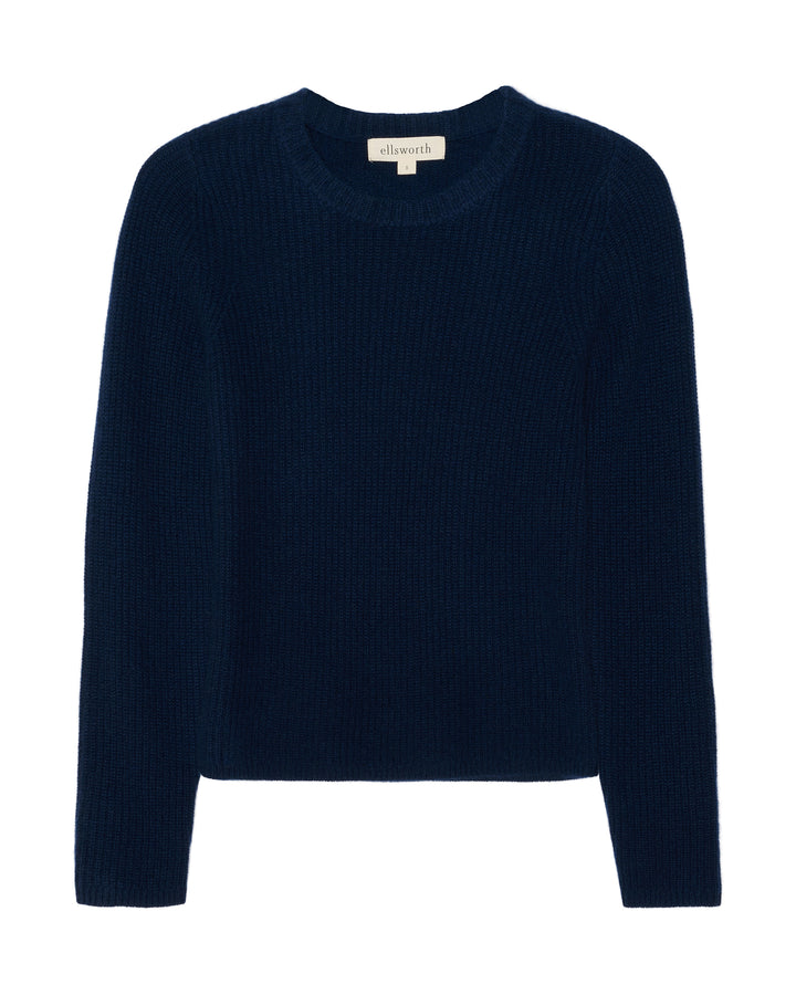 A dark navy blue ribbed knit crewneck women&