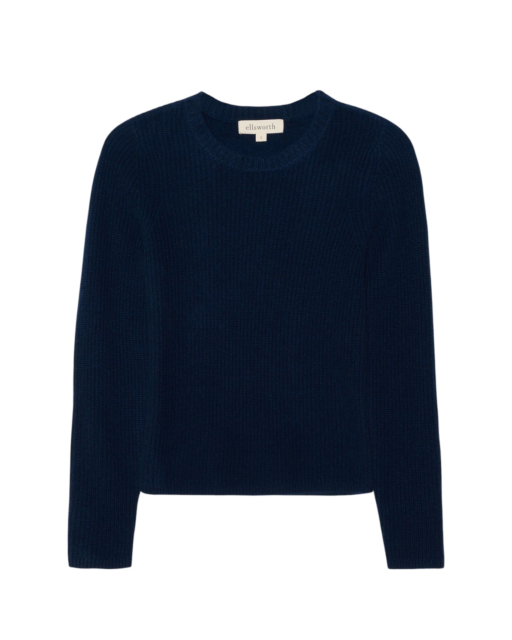 A dark navy blue ribbed knit crewneck women's sweater with long sleeves, displayed flat against a solid white background. Quinn Fisherman Sweater in Navy by Ellsworth + Ivey.