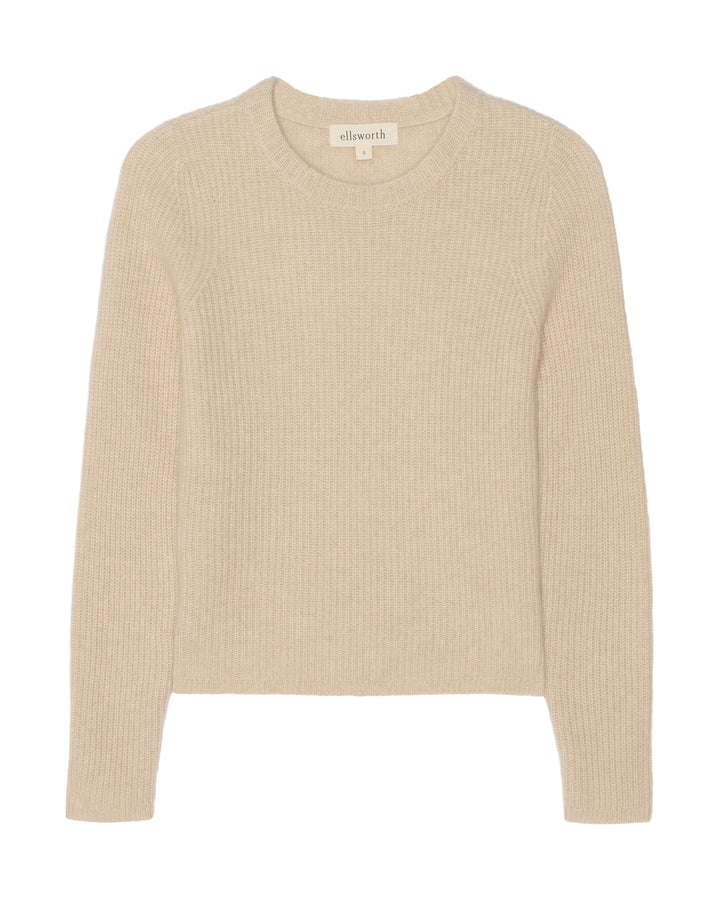 A light beige ribbed knit crewneck women&