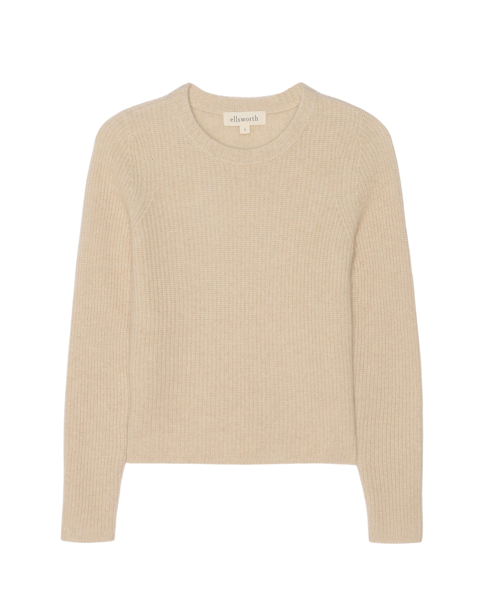 A light beige ribbed knit crewneck women's sweater with long sleeves, displayed flat against a solid white background. Quinn Fisherman Sweater in Oatmeal by Ellsworth + Ivey.