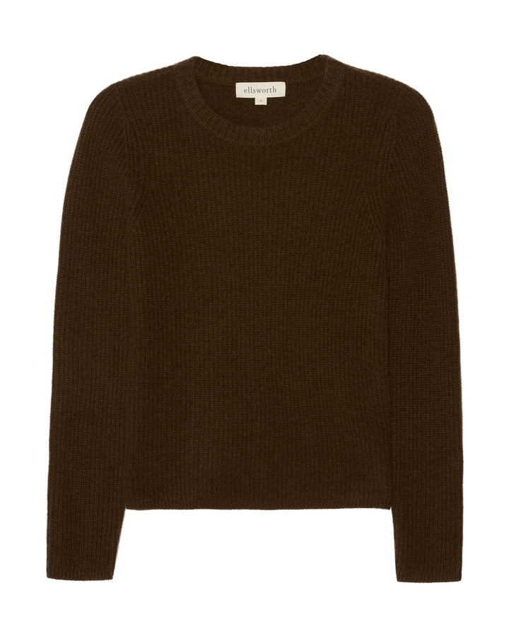 A dark warm brown ribbed knit crewneck women&