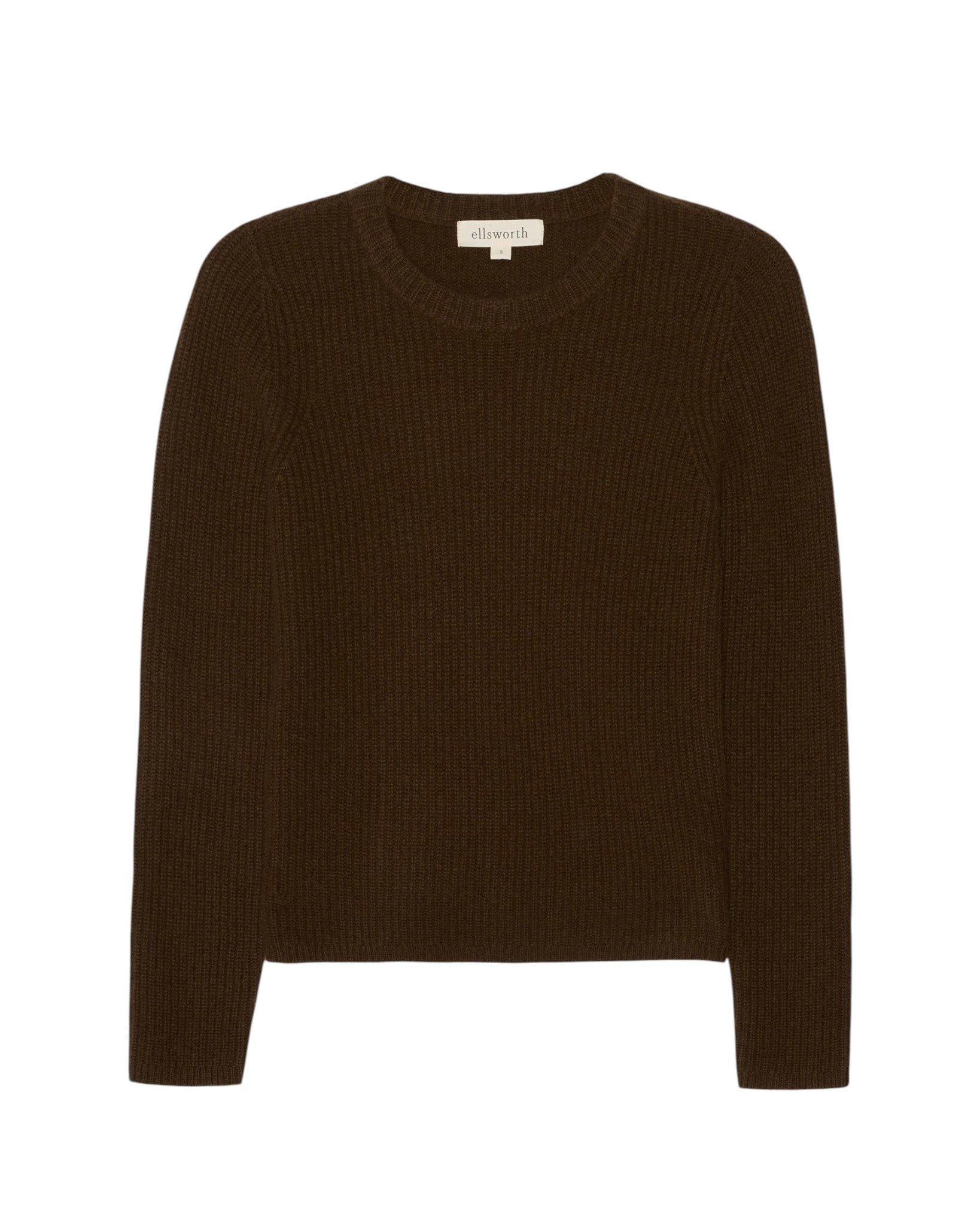 A dark warm brown ribbed knit crewneck women's sweater shown flat against a plain white background. Quinn Fisherman Sweater in Warm Brown by Ellsworth + Ivey.