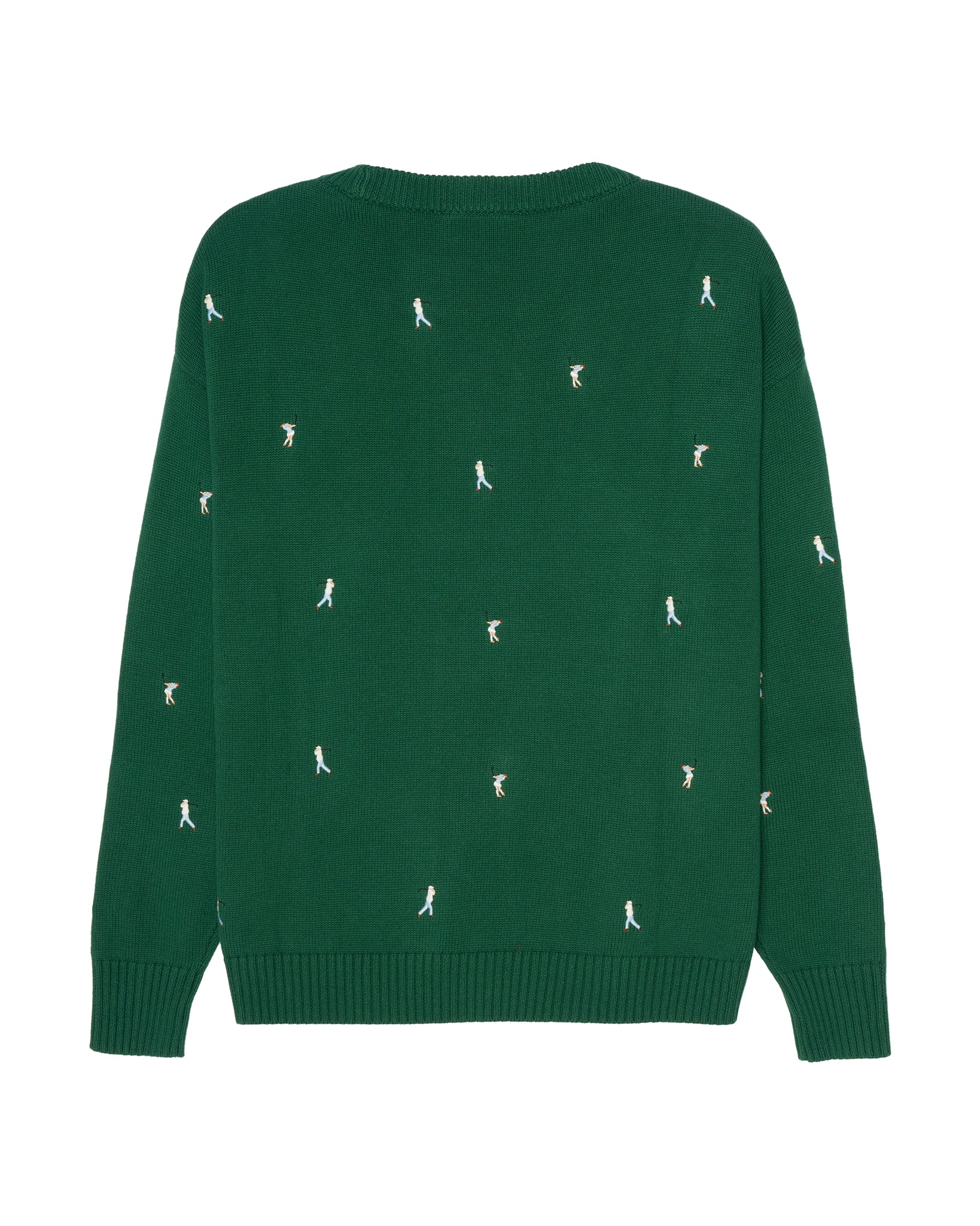 A dark green crewneck women's sweater featuring a repeating pattern of small white embroidered golfer figures, shown against a plain white background. Riley Crew - All Over Par by Ellsworth + Ivey.