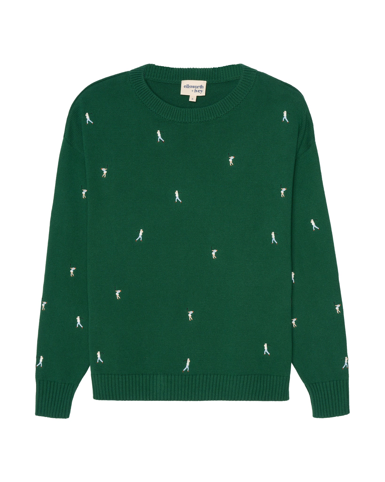 A dark green crewneck women's sweater featuring a repeating pattern of small white embroidered golfer figures, shown against a plain white background. Riley Crew - All Over Par by Ellsworth + Ivey.