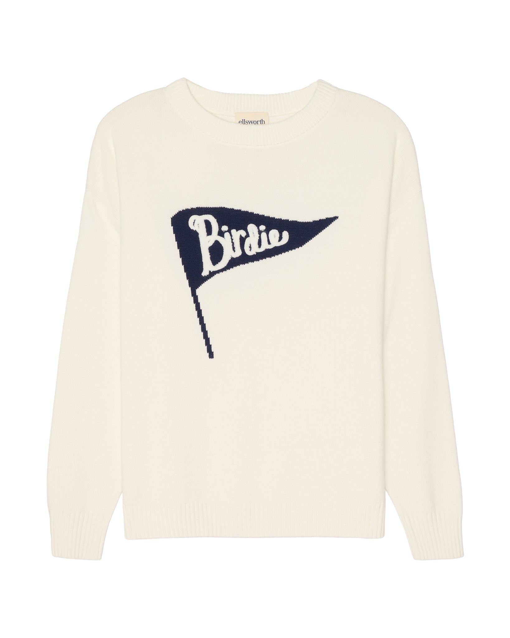 An ivory off-white crewneck women's sweater featuring a navy blue flag graphic on the chest with the word 'Birdie' written in white script. Riley Crew - Birdie Pennant by Ellsworth + Ivey.