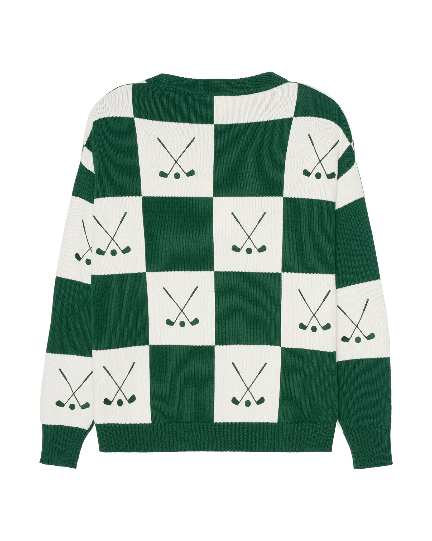 A green and white checkered women's sweater featuring a golf club motif printed on each white square, displayed against a solid white background. Riley Crew - Checkered Golf by Ellsworth + Ivey.