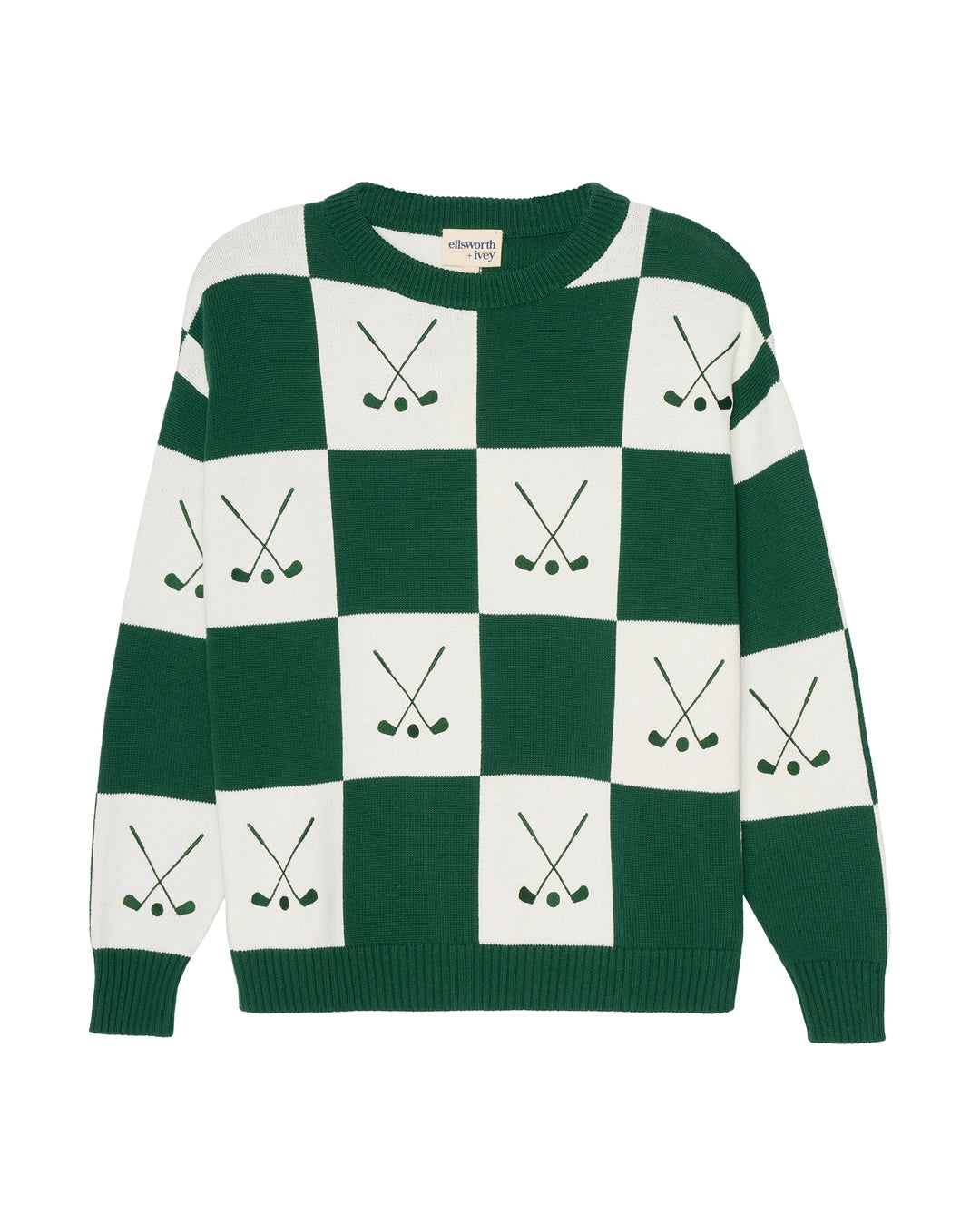 A green and white checkered women's sweater featuring a golf club motif printed on each white square, displayed against a solid white background. Riley Crew - Checkered Golf by Ellsworth + Ivey.