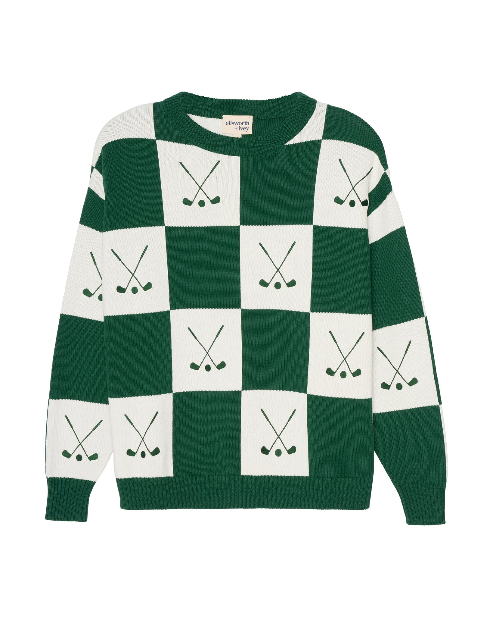 A green and white checkered women's sweater featuring a golf club motif printed on each white square, displayed against a solid white background. Riley Crew - Checkered Golf by Ellsworth + Ivey.