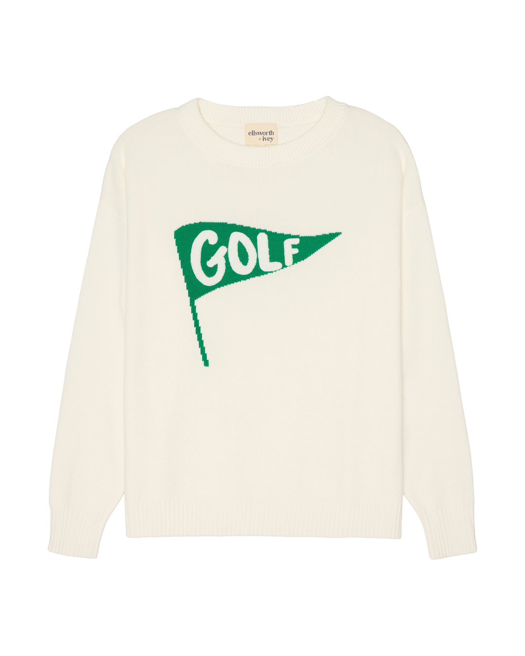 An ivory off-white long-sleeve crewneck women's sweater featuring a green flag graphic on the chest with the word 'GOLF' in white, displayed against a solid white background. Riley Crew - Golf Pennant by Ellsworth + Ivey.