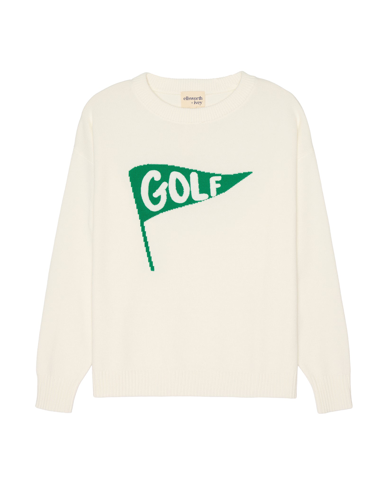 An ivory off-white long-sleeve crewneck women's sweater featuring a green flag graphic on the chest with the word 'GOLF' in white, displayed against a solid white background. Riley Crew - Golf Pennant by Ellsworth + Ivey.