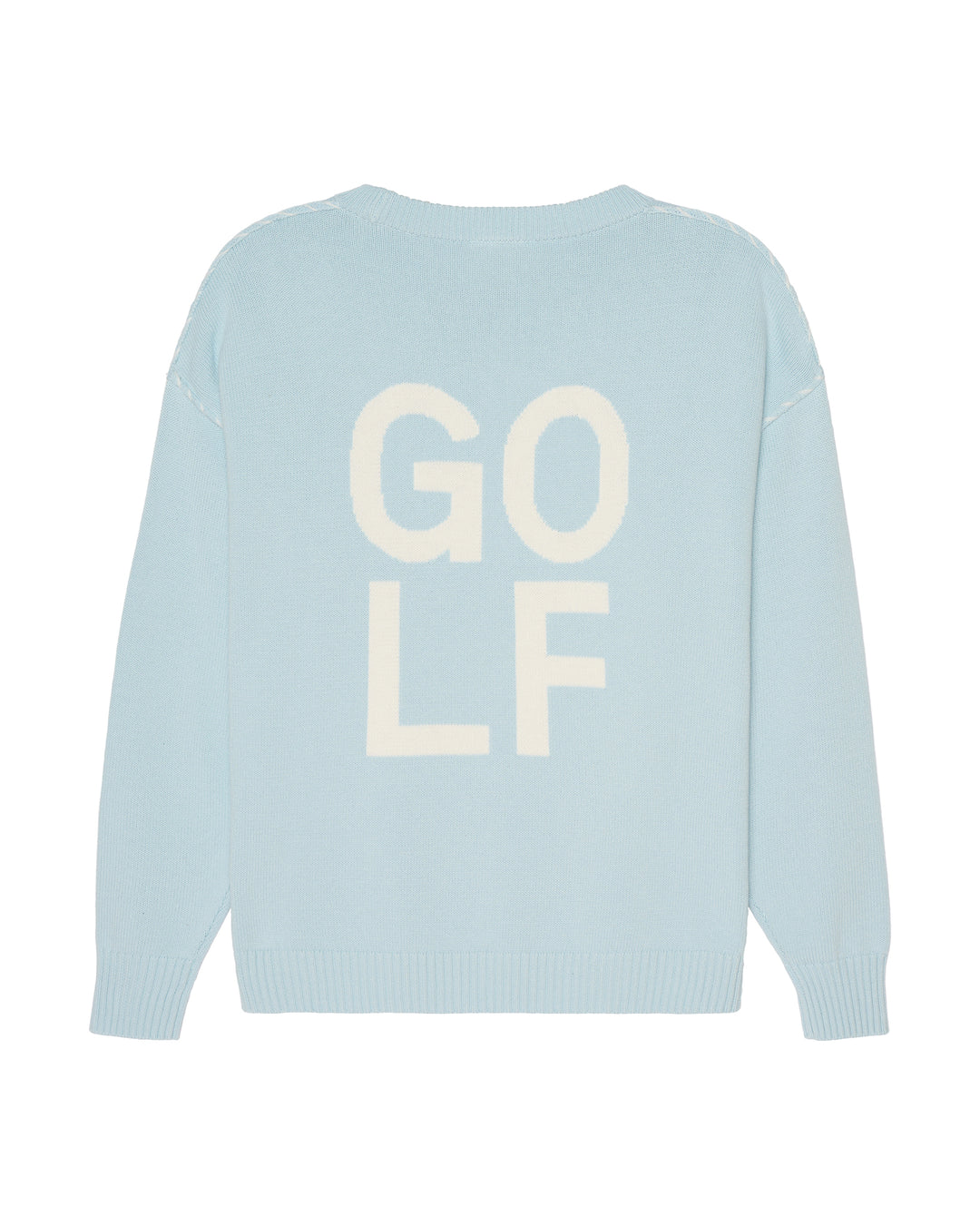 A light blue crewneck women's sweater with the letters 'GOLF' printed in a large cream-colored font on the back. Riley Crew - Golf Stacked by Ellsworth + Ivey.