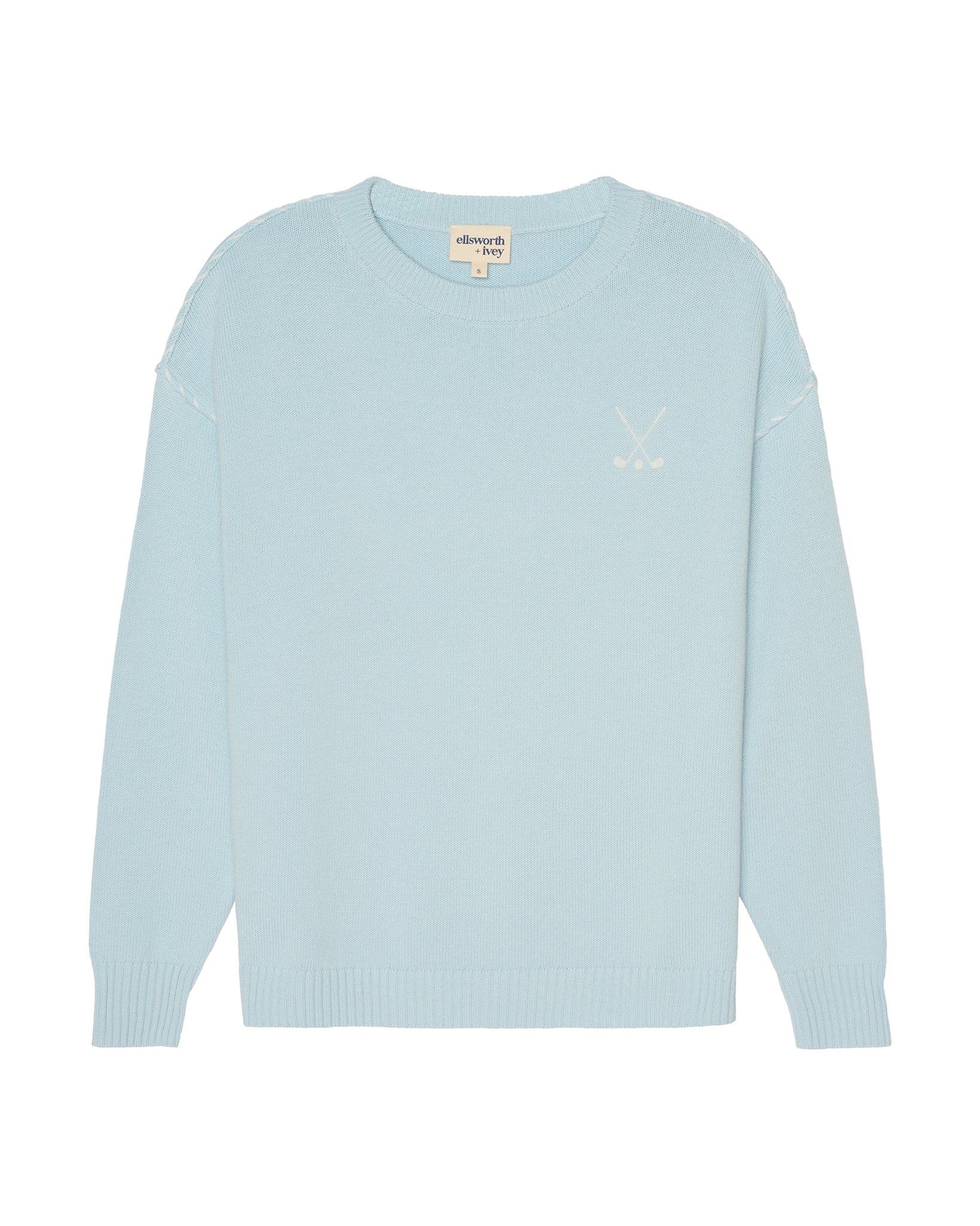 A light blue crewneck women's golf sweater with a small white embroidered logo on the left chest, displayed flat against a solid white background. Riley Crew - Golf Stacked by Ellsworth + Ivey.
