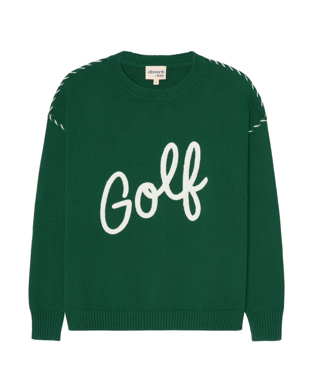 A green knit women's oversized sweater featuring the word 'Golf' embroidered in white script across the chest, with green dashed line details along the shoulders, shown against a plain white background. Riley Crew - Golf Script by Ellsworth + Ivey.