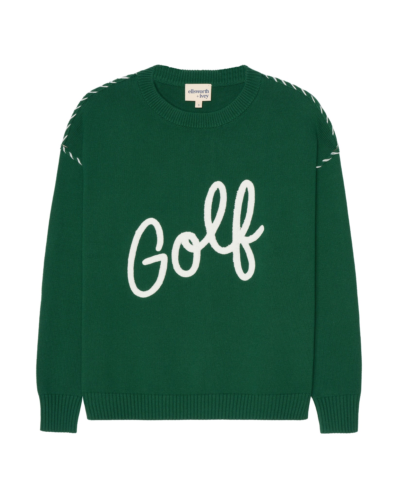 A green knit women's oversized sweater featuring the word 'Golf' embroidered in white script across the chest, with green dashed line details along the shoulders, shown against a plain white background. Riley Crew - Golf Script by Ellsworth + Ivey.
