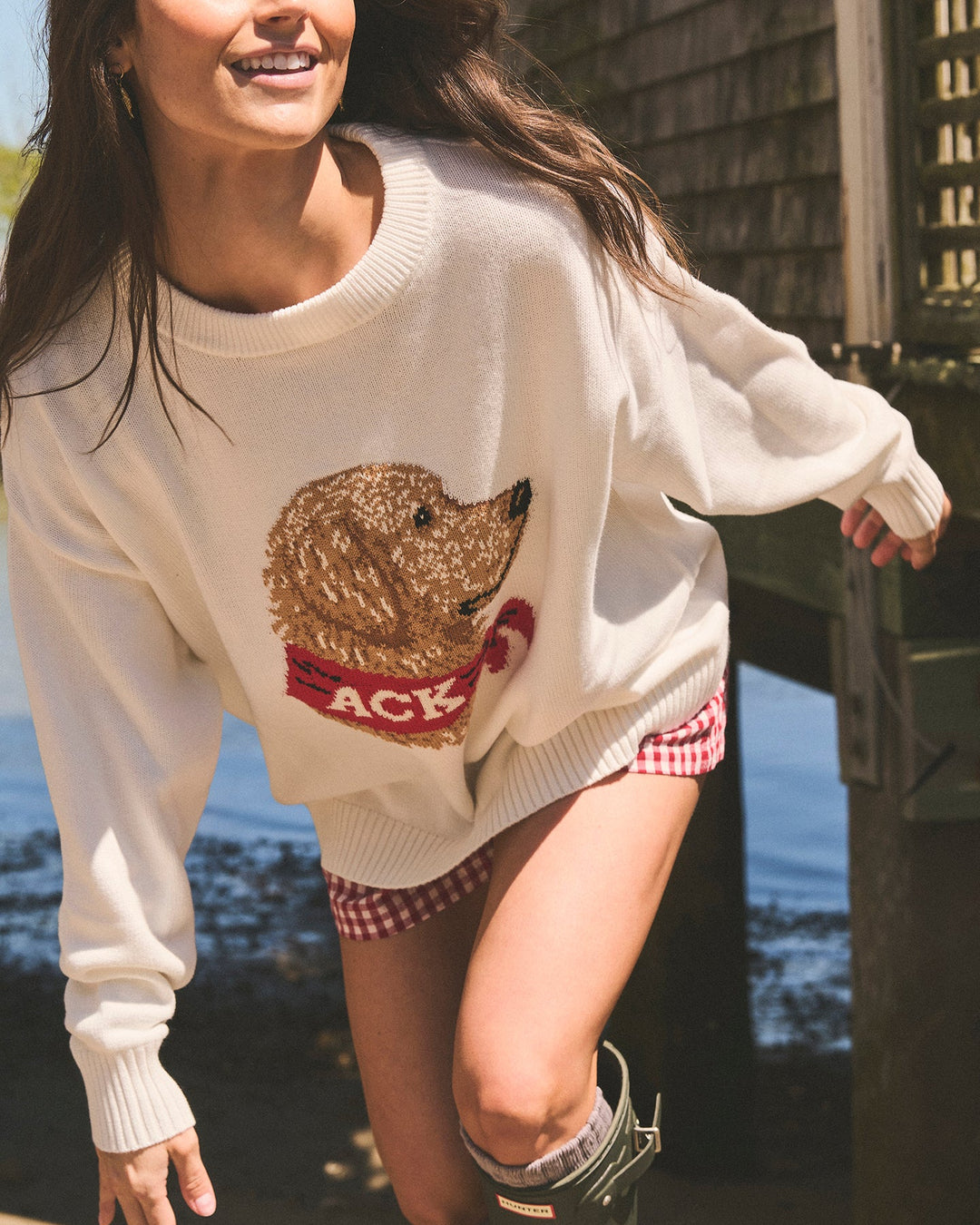 A woman wearing a cream-colored crewneck sweater with a large hedgehog graphic on the front, paired with red-and-white gingham shorts and dark rain boots, captured in an outdoor setting. Riley Crew - ACK Dog by Ellsworth + Ivey.