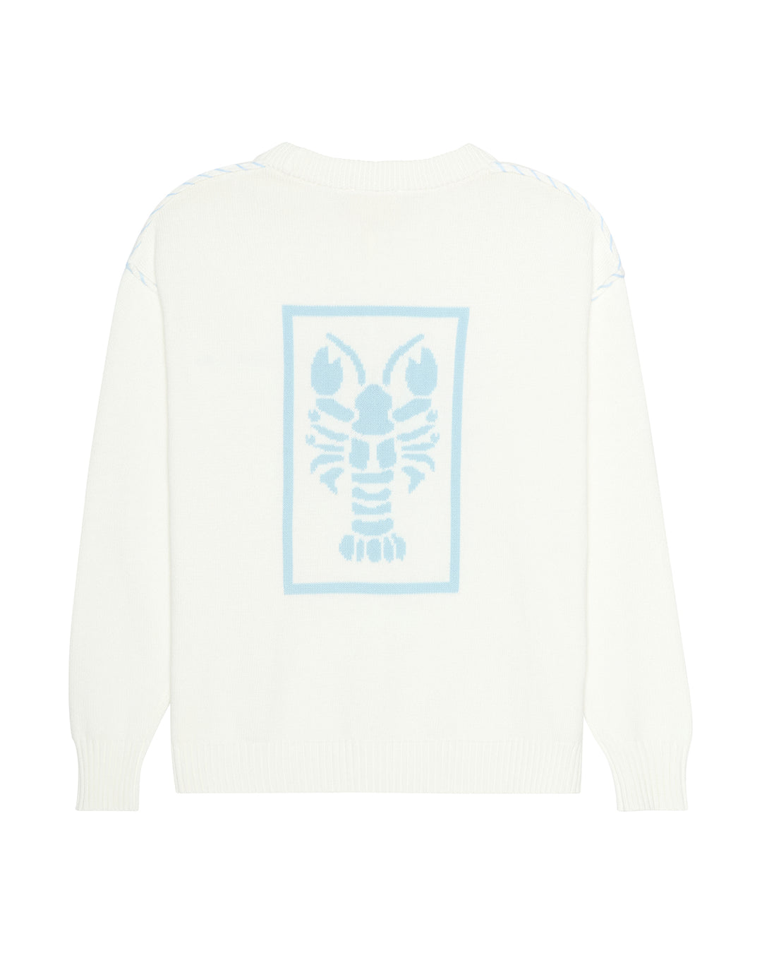 An ivory off-white long-sleeve crewneck sweater featuring a light blue graphic of a lobster inside a rectangular border on the back. Riley Crew Sweater - ACK Nantucket Lobster by Ellsworth + Ivey.