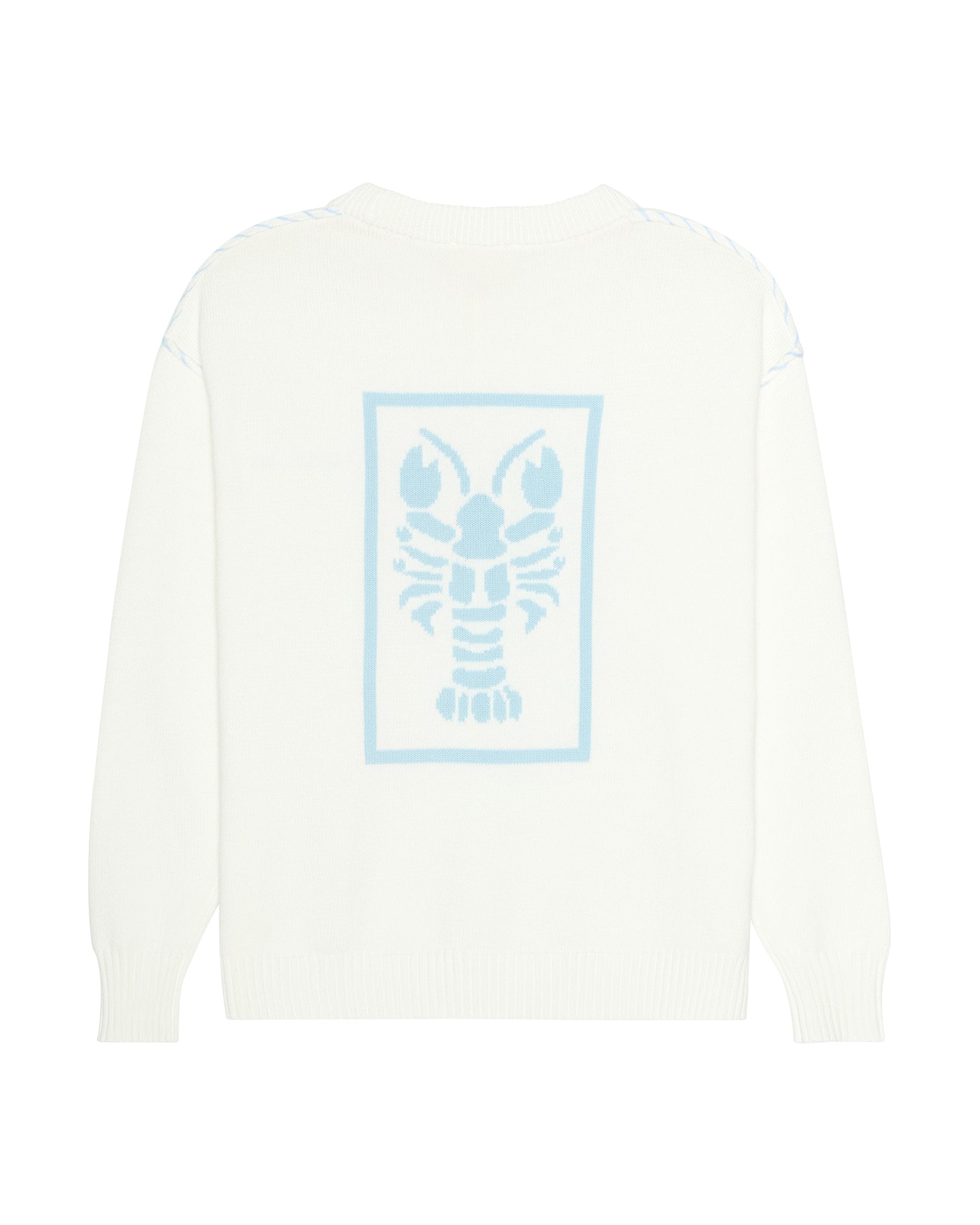 An ivory off-white long-sleeve crewneck sweater featuring a light blue graphic of a lobster inside a rectangular border on the back. Riley Crew Sweater - ACK Nantucket Lobster by Ellsworth + Ivey.