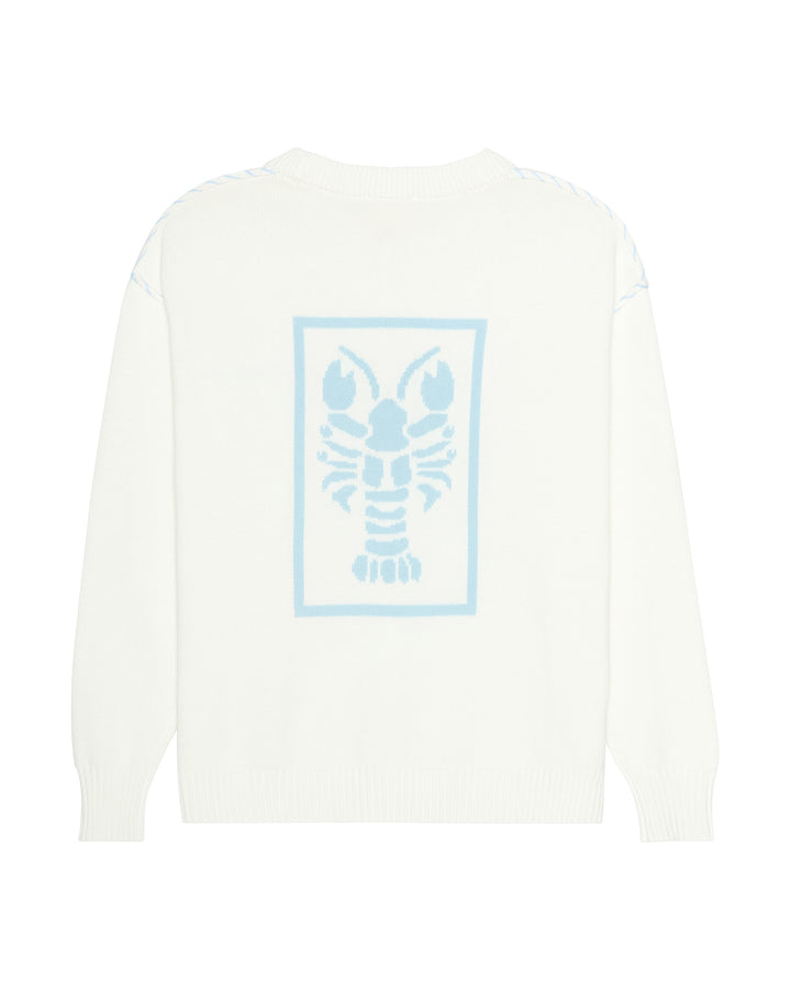 An ivory off-white long-sleeve crewneck sweater featuring a light blue graphic of a lobster inside a rectangular border on the back. Riley Crew Sweater - ACK Nantucket Lobster by Ellsworth + Ivey.