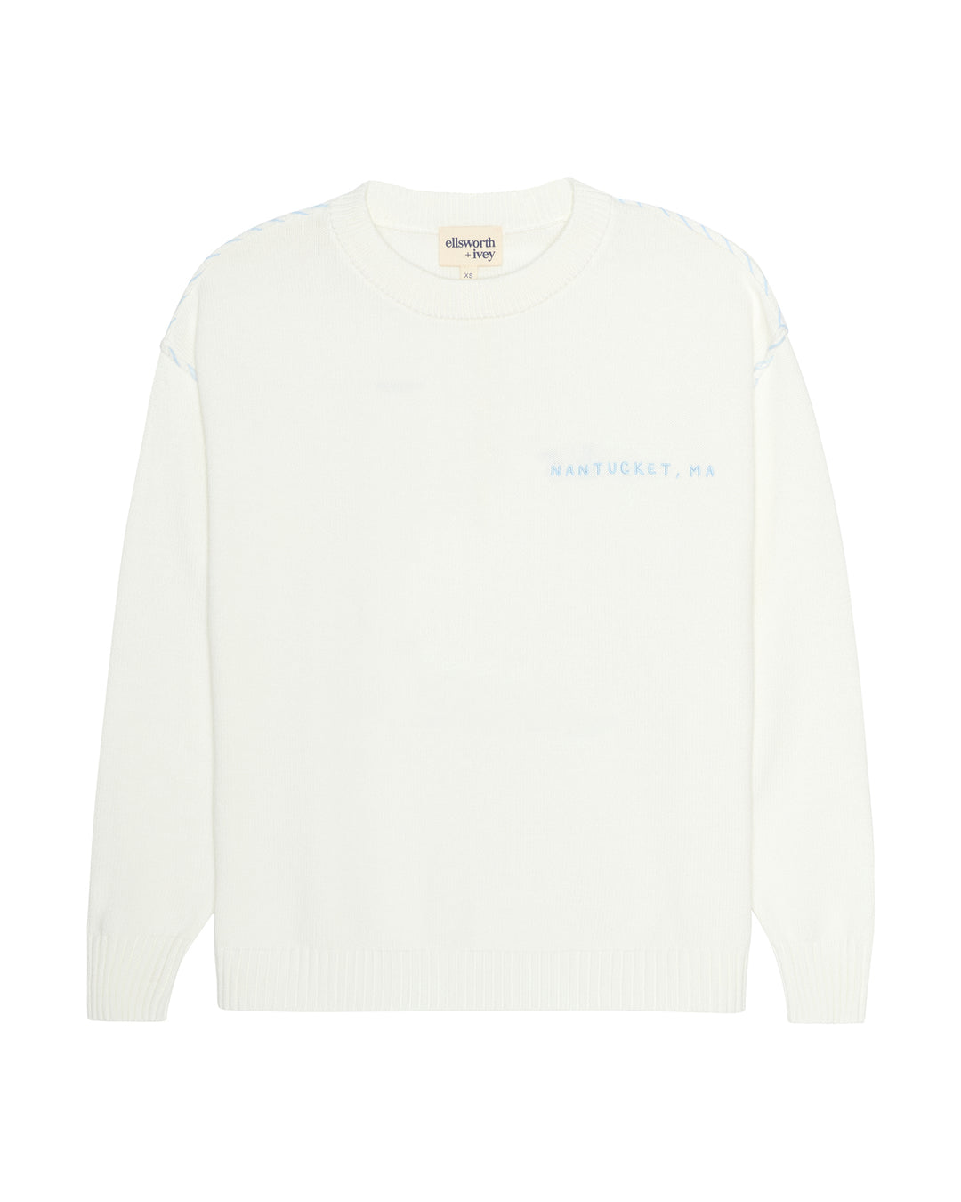 An ivory off-white crewneck sweater with &
