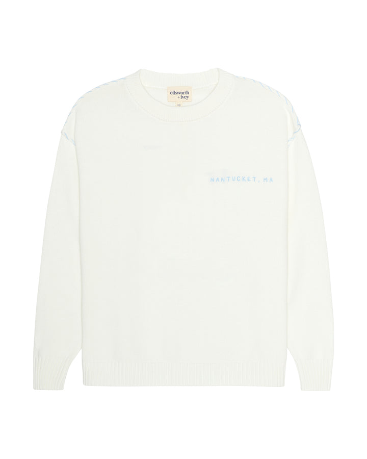 An ivory off-white crewneck sweater with &