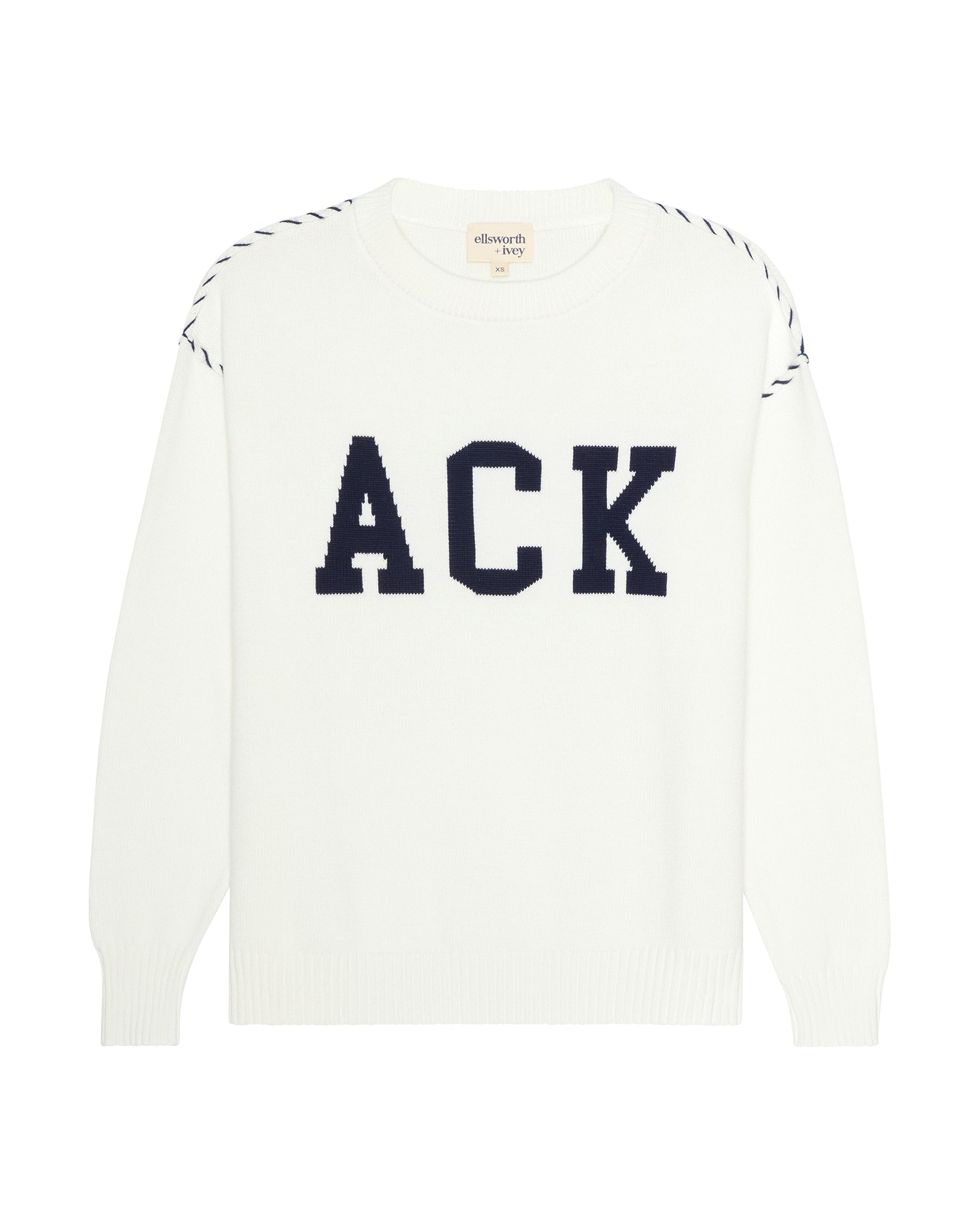 An ivory white crewneck sweater featuring the letters 'ACK' in large navy blue varsity block font across the chest, with white contrast whip stitching along the shoulders, shown on a plain white background. Riley Crew Sweater - ACK Nantucket by Ellsworth + Ivey.