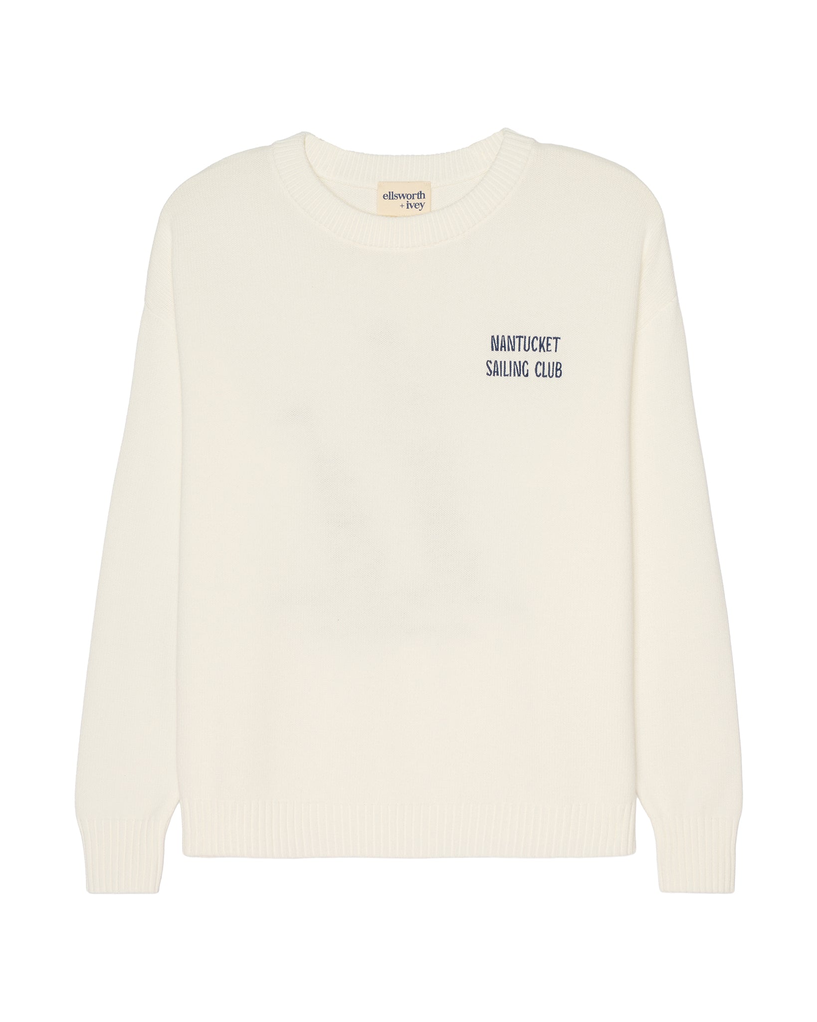 An ivory crewneck women's sweater with 'NANTUCKET SAILING CLUB' embroidered in navy blue text on the left chest, displayed on a clean white background. Riley Crew Sweater - ACK Sailing by Ellsworth + Ivey.