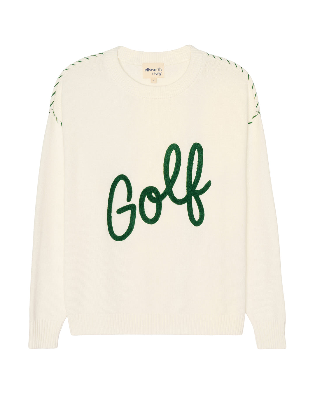 An ivory off-white knit sweater featuring the word 'Golf' embroidered in green script across the chest, with green dashed line details along the shoulders, shown against a plain white background. Riley Crew - Golf Script by Ellsworth + Ivey.