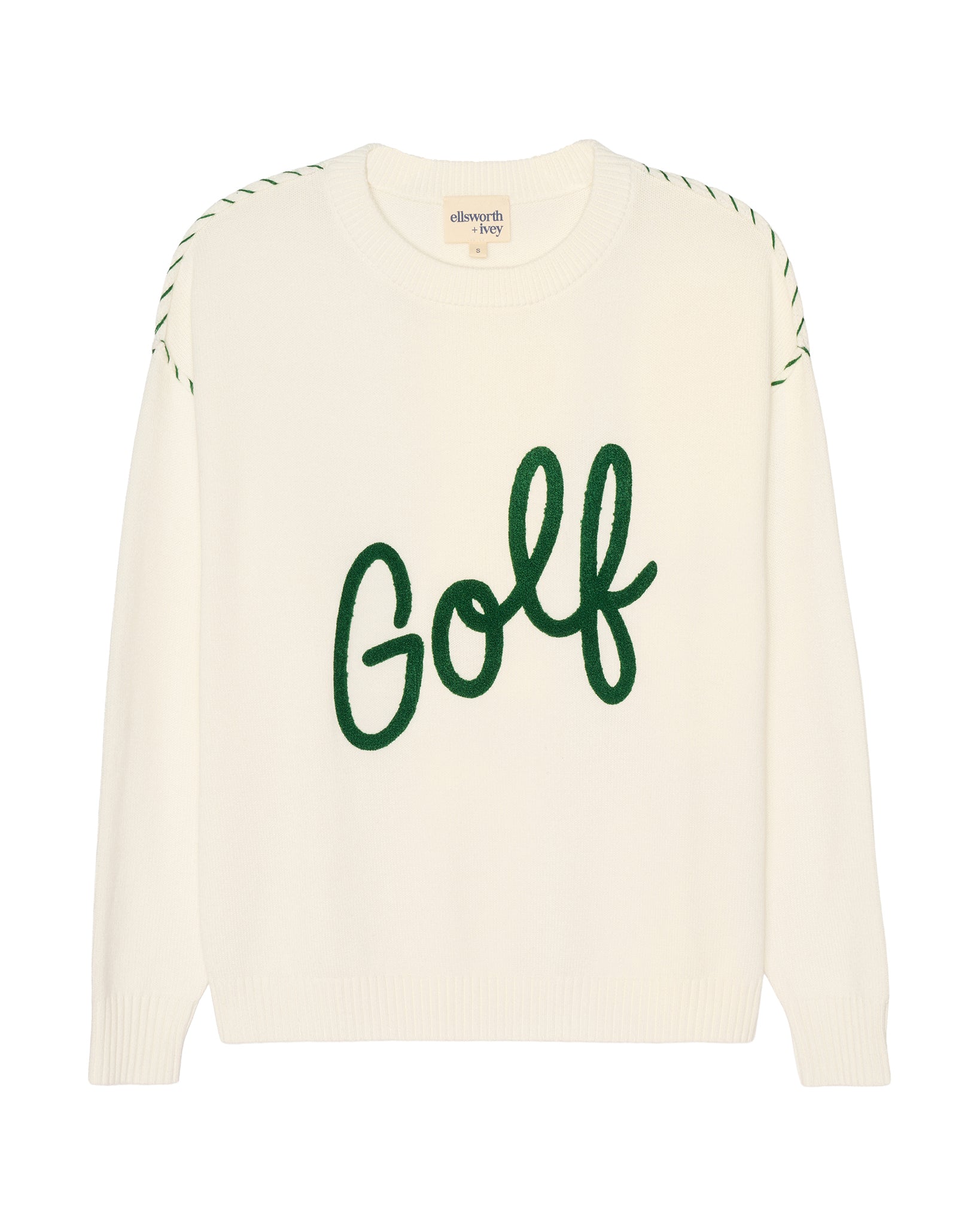 An ivory off-white knit sweater featuring the word 'Golf' embroidered in green script across the chest, with green dashed line details along the shoulders, shown against a plain white background. Riley Crew - Golf Script by Ellsworth + Ivey.