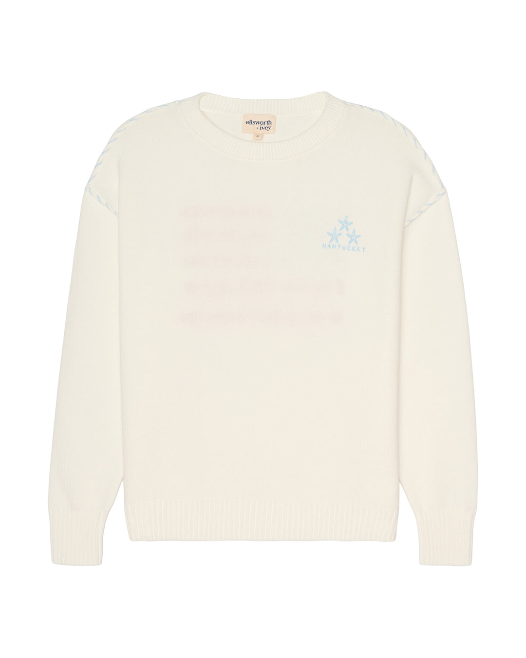 An off-white knit crewneck sweater with a light blue embroidered logo on the left chest, displayed against a solid white background. Ellsworth + Ivey Riley Stars and Shells Flag Sweater.