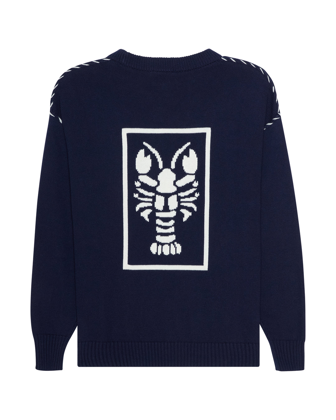 A navy blue knit sweater with a large white lobster graphic inside a rectangular border on the back, featuring white contrast stitching along the shoulders. Riley Crew Sweater - ACK Nantucket Lobster by Ellsworth + Ivey.