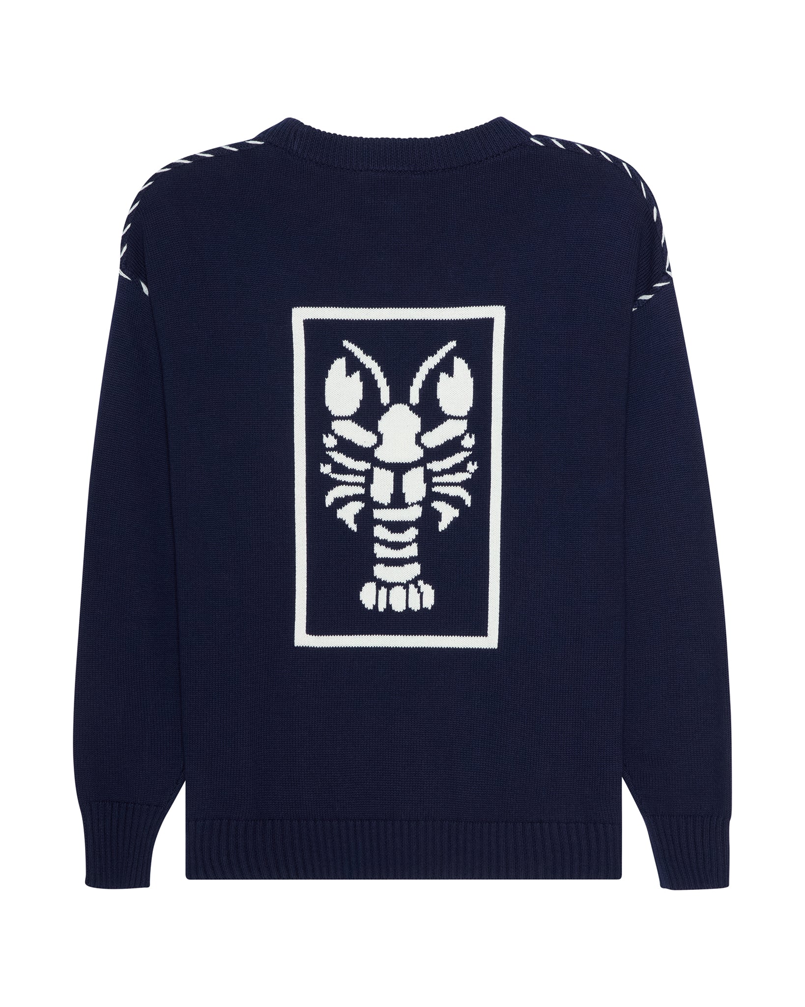 A navy blue knit sweater with a large white lobster graphic inside a rectangular border on the back, featuring white contrast stitching along the shoulders. Riley Crew Sweater - ACK Nantucket Lobster by Ellsworth + Ivey.